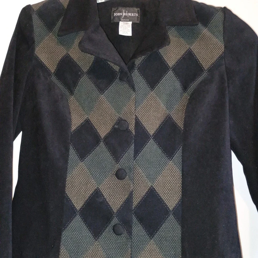 JOHN ROBERTS Petite 8P Vintage Argyle‎ Blazer Jacket Black Green Shoulder Pads - Picture 3 of 13